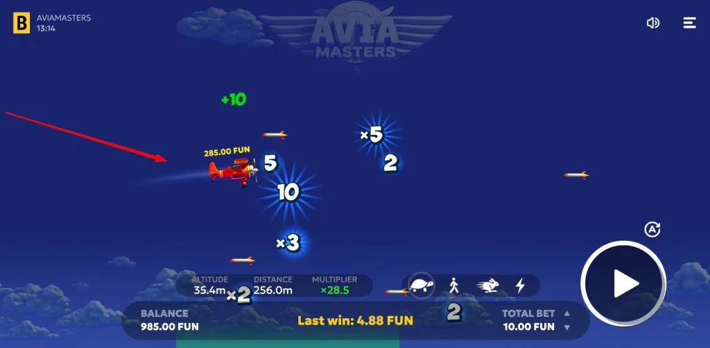 Aviamasters demo gameplay with several multipliers floating above the plane